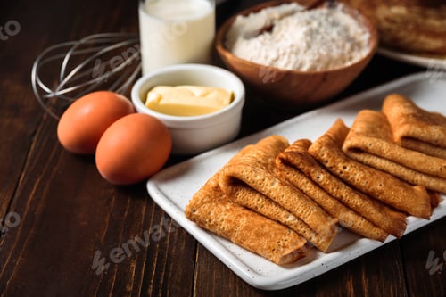 Preview: Russian pancakes blini with ingredients