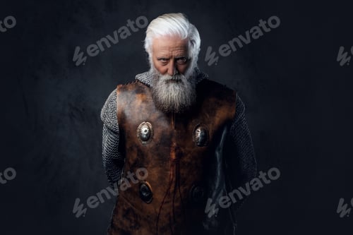 Preview: Aggressive senior knight dressed in armor against dark background