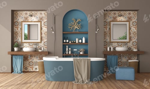 Preview: Elegant bathroom with two sinks and bathtub in the center