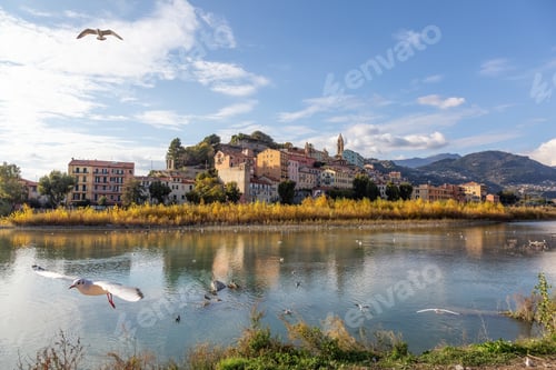 Preview: Old Residential Homes near river and sea in Ventimiglia, Italy.