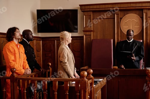 Preview: Side view of female attorney, policeman and male suspect looking at judge