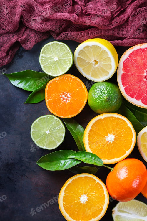 Preview: Citrus fruits background. Orange, grapefruit, tangerine, lime, lemon vitamin