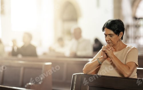 Preview: Senior woman praying in church, worship and trust God, prayer or spiritual respect. Christian woman