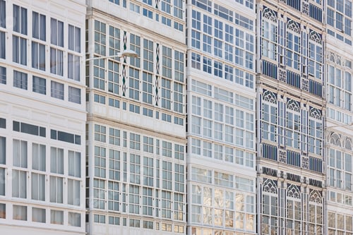 Preview: Traditional white balconies glass facades in A Coruna. Galicia, Spain