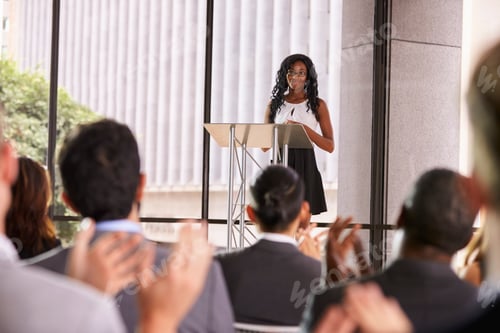 Preview: Audience at seminar applauding young black woman at lectern