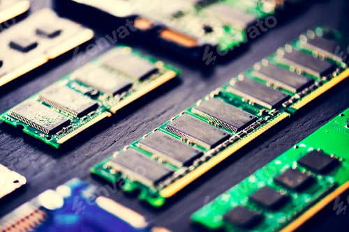 Preview: Closeup of electronics computer components microprocessors mainboard