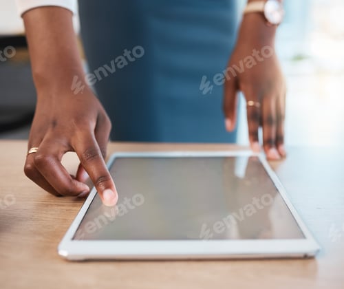 Preview: Mockup, digital tablet and business woman with hand on screen in office for design, research or app