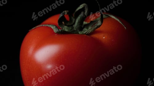 Preview: Close up of red juicy tomato on black background. Frame. Food concept