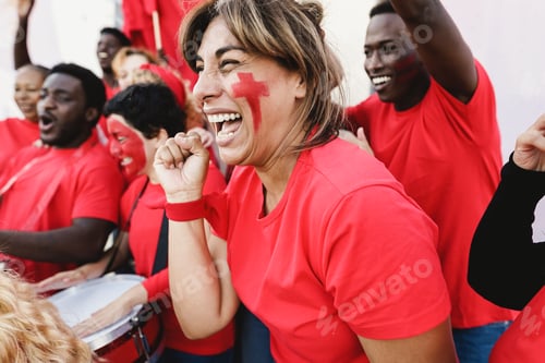 Preview: Multiracial red sport fans screaming while supporting their team