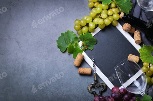 Preview: Wine tasting and degustation concept. Grape vine, bottle, glasses, corkscrew