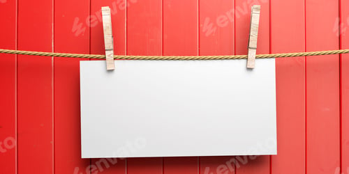 Preview: Blank note on rope with clothespins on red wooden background. 3d illustration