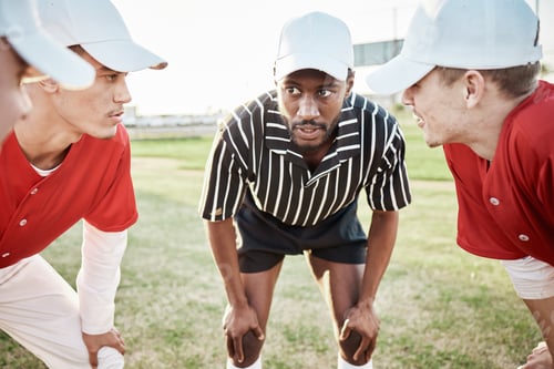 Preview: Teamwork, baseball coach or men planning with motivation, hope or faith in training match or sports