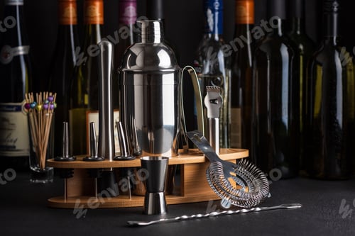 Preview: Professional cocktail bar composition featuring a stainless steel tools