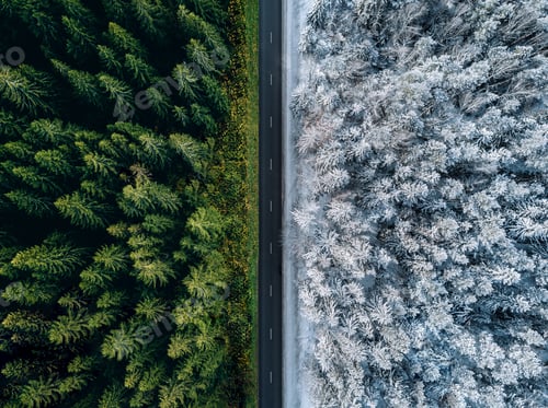Preview: Aerial view of a highway road through the forest in summer and winter.