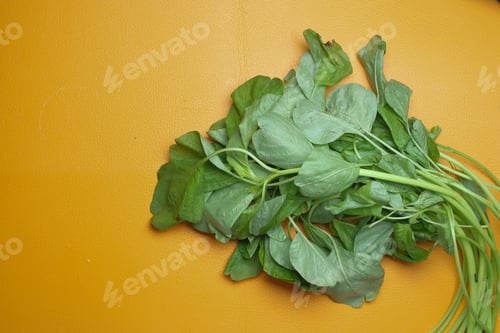 Preview: Fresh spinach leaves on orange background