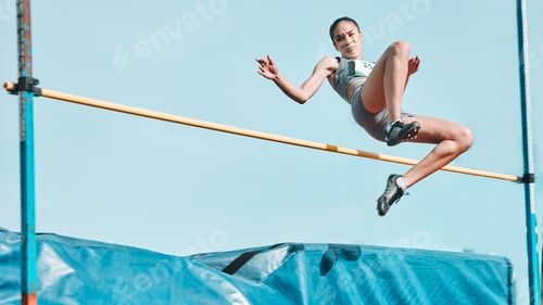 Preview: High jump, woman and fitness with exercise, sport and athlete in a competition outdoor. Jumping, wo