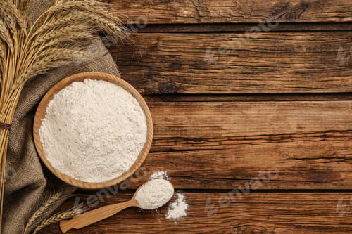 Preview: Flat lay composition with wheat flour on wooden table. Space for text