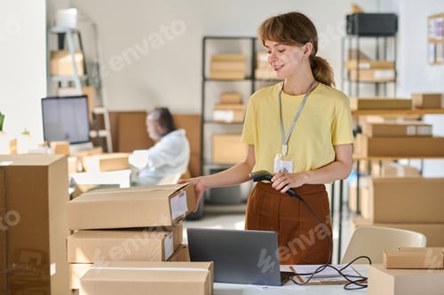 Preview: Smiling young woman in casualwear scanning qr codes on packed boxes