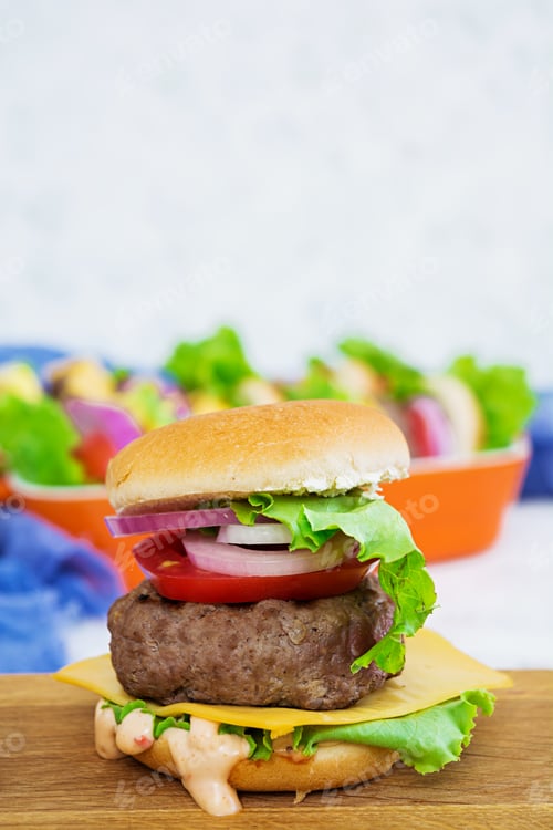Preview: Delicious handmade burger on white background