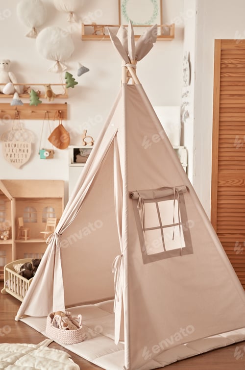 Preview: Children's educational wooden toys. Nursery decor. Scandinavian style playroom. Wigwam