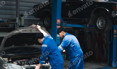Preview: Asian mechanic repairing a car in auto repair shop.