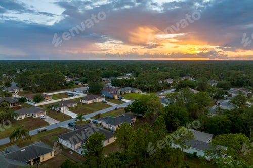 Preview: Aerial landscape view of suburban private houses between green palm trees in Florida