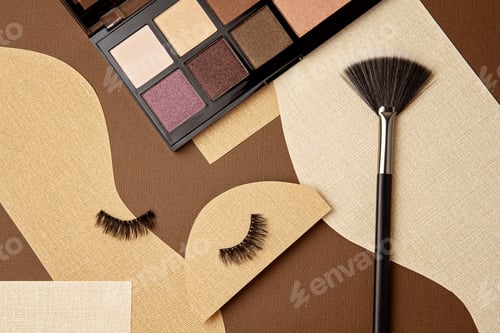 Preview: Eyeshadows, makeup brush and falce lashes. Make up artist, beauty salon, beauty blog