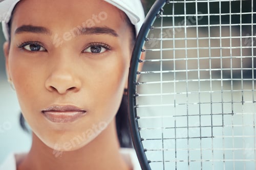 Preview: Tennis sports, face of black woman and fitness lifestyle motivation. Strong racket, athlete focus a