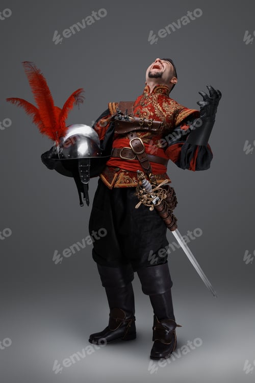 Preview: Screaming conquistador with sword and plumed helmet