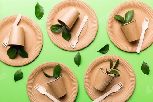 Preview: set of empty reusable disposable eco-friendly plates, cups, utensils on light