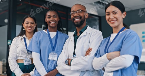 Preview: Healthcare, diversity and smile with doctors in hospital together for support, trust or treatment.