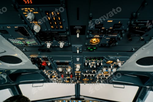 Preview: Close-up of the overhead panel of a modern airplane with buttons and control knobs cockpit