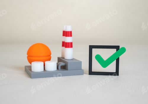 Preview: Industrial plant and green check mark. Chemical plant safety. Energy industry