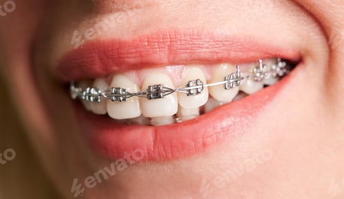 Preview: Female smile with metal braces on white teeth.