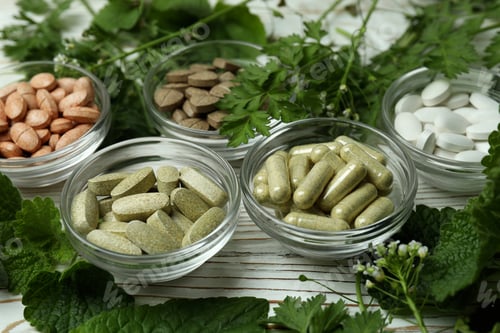 Preview: Concept of herbal medicine pills on white wooden table, close up