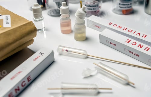 Preview: Hematological analysis with forensic test kit in a murder in a crime lab, conceptual image