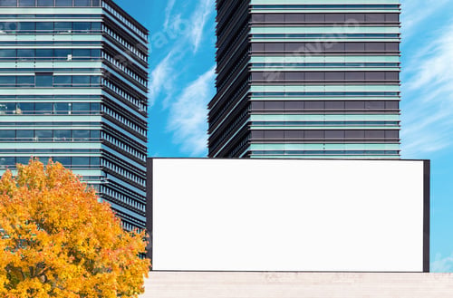 Preview: Blank outdoor billboard mockup with modern business buildings