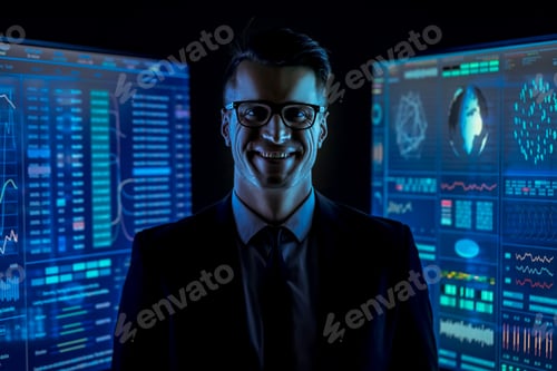 Preview: The smiling man in suit standing between the blue monitors in a dark room