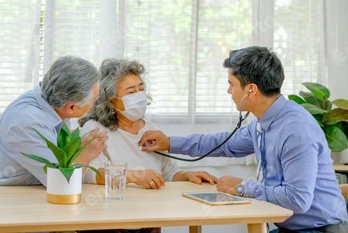 Preview: Doctor use stethoscope to check up old woman help with old man support near to woman.