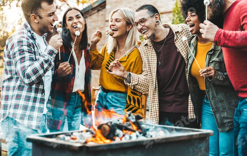 Preview: Happy friends roasting marshmallows over campfire