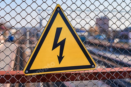 Preview: Electrical hazard sign. High voltage electricity on a railway station