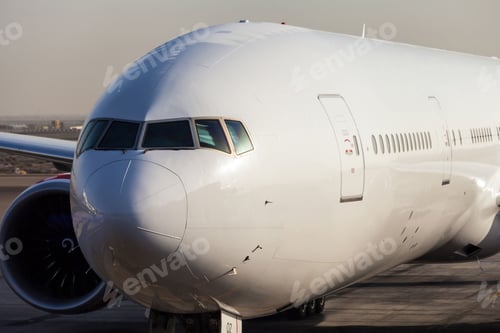 Preview: A white wide body commercial jet airplane parked in an airport landing area