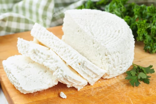 Preview: Slices of fresh cottage cheese on wooden cutting board