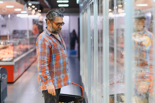 Preview: Senior man at grocery store products
