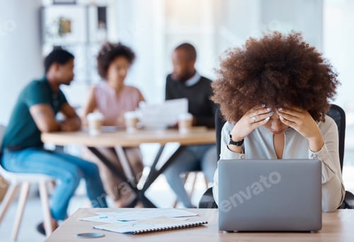 Preview: Business woman stress, burnout or laptop anxiety with 404 error, financial stress or mental health