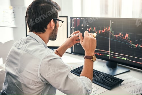 Preview: Successful trading. Back view of young bearded trader in formal wear pointing on the data