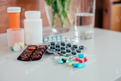 Preview: close-up view of various drugs on table in hospital room