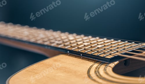 Preview: Close-up of a guitar fretboard on a black background.