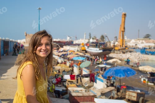 Preview: Tourist In Morocco, Handsome Woman Tourist In The Famous Traditional Port In Essaouira, Morocco