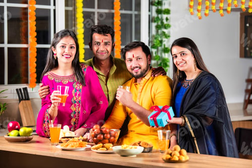 Preview: Happy Indian family and friends celebrating Diwali at home, sharing food and laughter